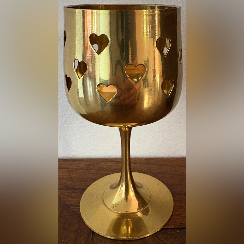 Vintage Brass Gold Long Stem Heart Cup Tea Light Holder